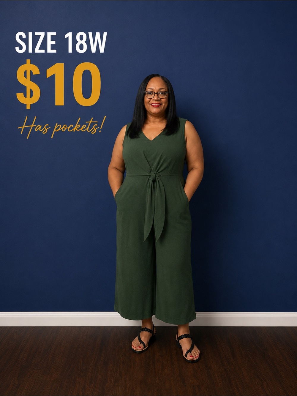 Sleeveless Tie-Waist Jumpsuit in Olive Green - Size 18W